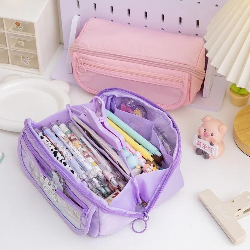 Korean-style canvas pencil case with ten flip-open layers in various colours.