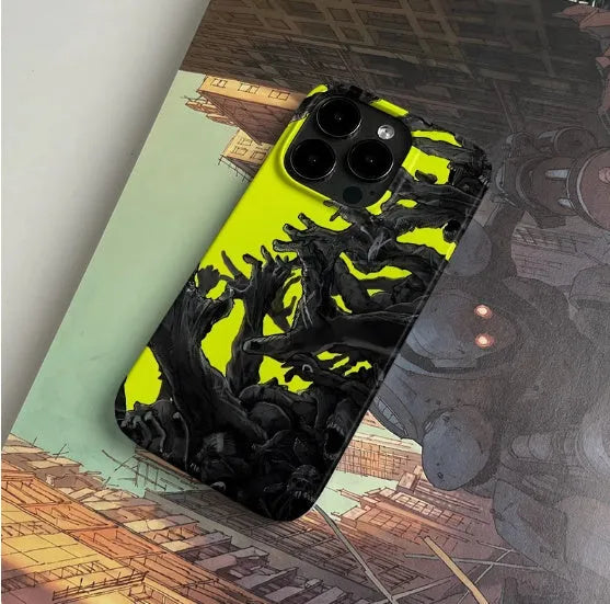 Glossy hard shell iPhone case with large cutouts for buttons and port, shown next to a frosted finish option.
