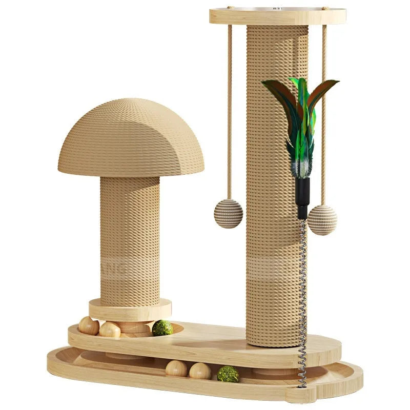 Solid wood cat turntable scratching post with elliptical spinning platform and climbing frame