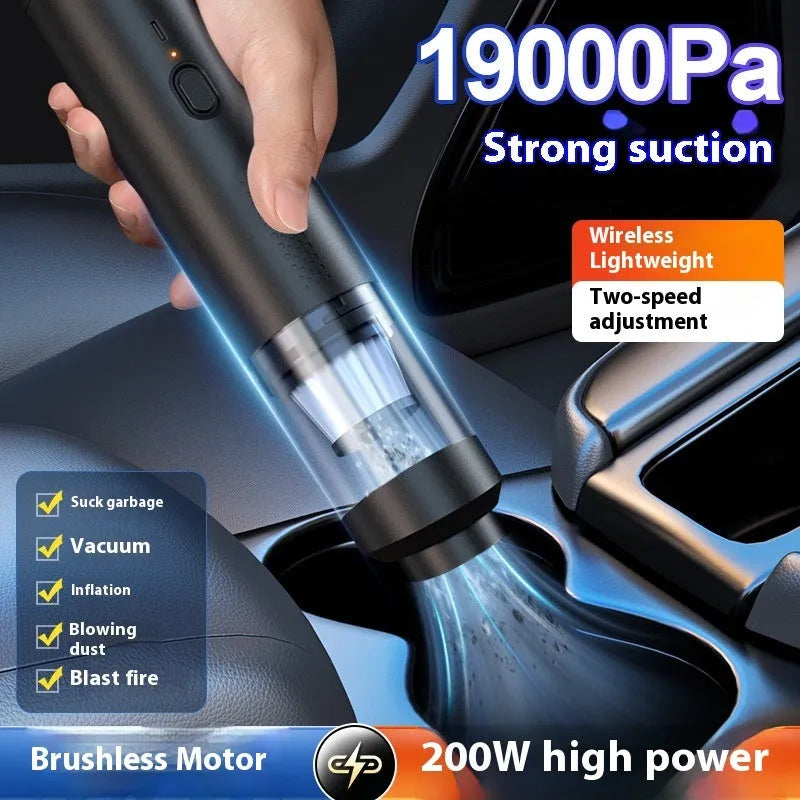Rechargeable handheld car vacuum with air blow nozzle and optional buggy bag in white