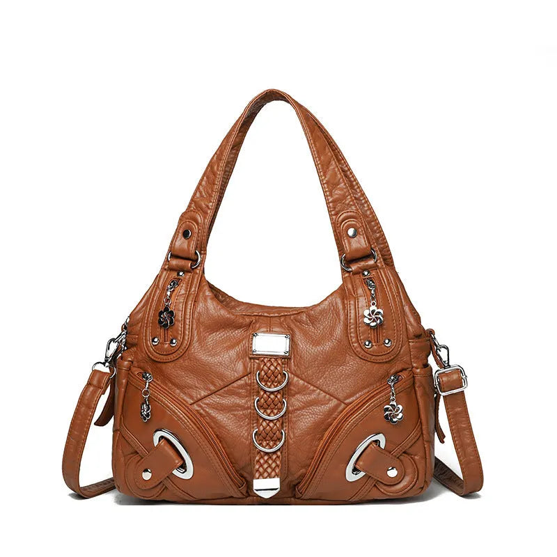 Women's large capacity washed leather PU handbag in black, light brown or blue with slit pocket
