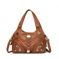 Women's large capacity washed leather PU handbag in black, light brown or blue with slit pocket