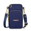 Nylon crossbody mobile phone bag with three zippered layers, card slots, and an adjustable strap in black
