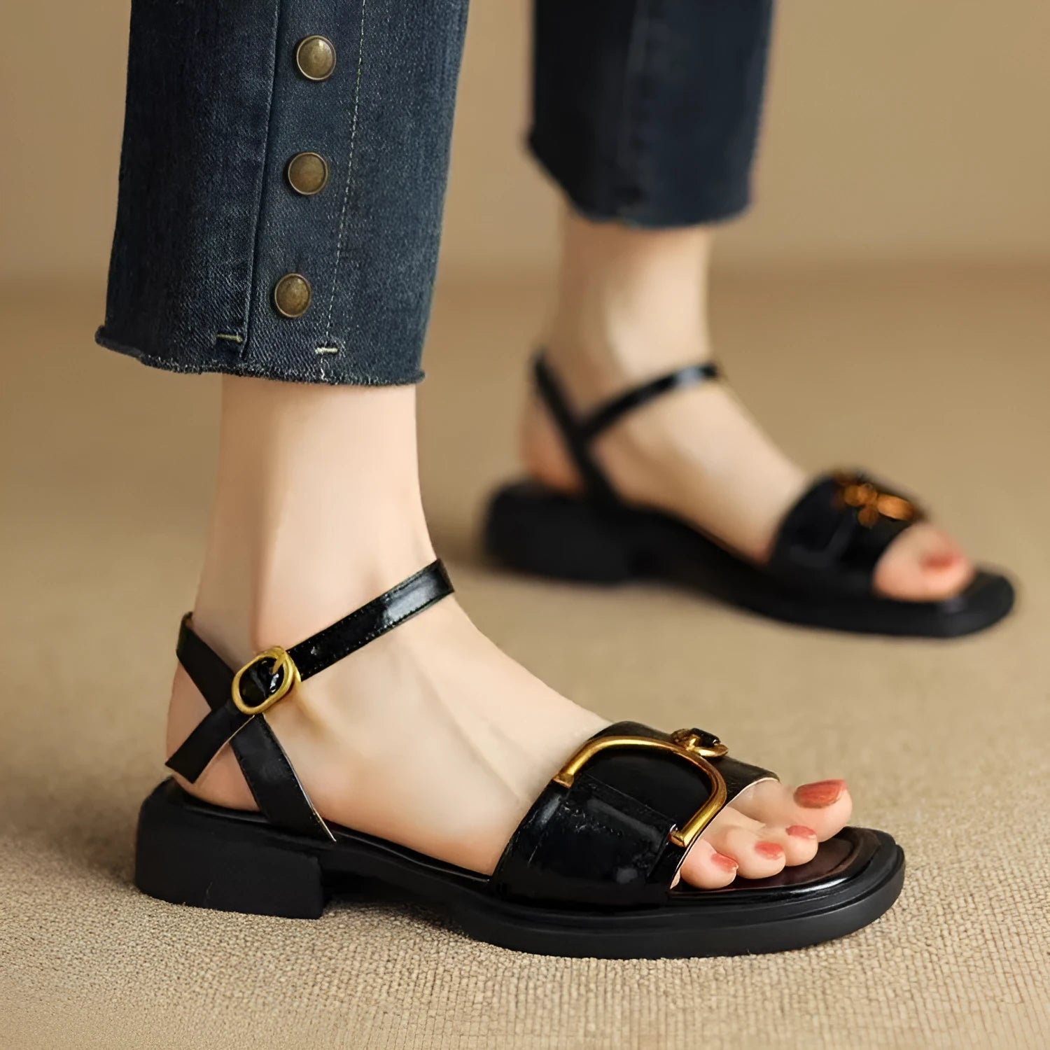 Women's black leather sandals with a thick rubber sole and a single button closure on the strap.