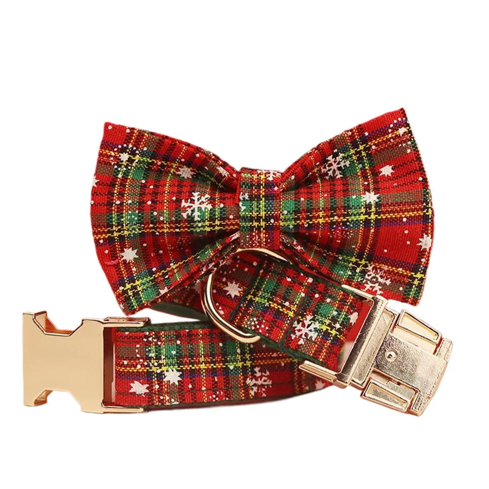 Green snowflake pattern pet collar set with matching dog vest, leash and decorative bow tie