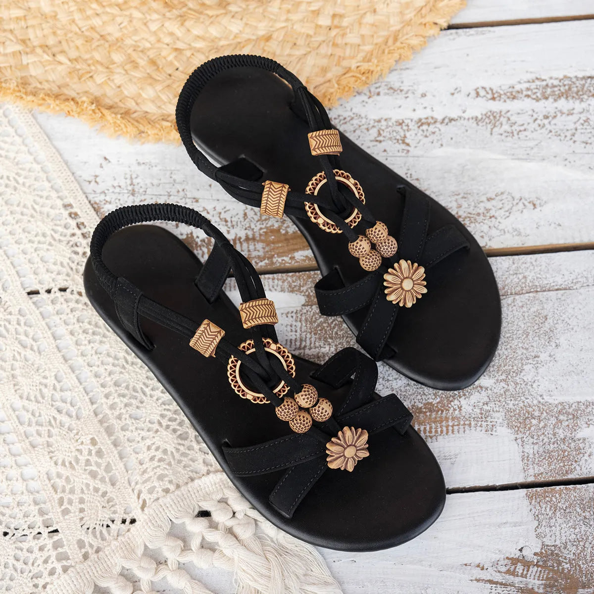 Black ethnic style women's flat sandals with beaded weave and rhinestone decoration, open toe design with elastic band