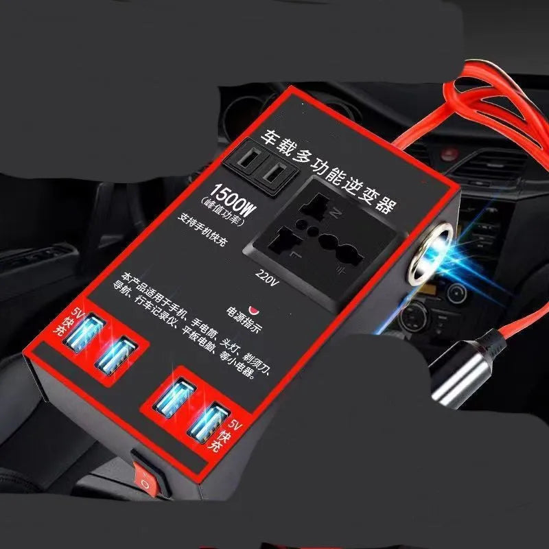 Black 12V/24V to 220V automotive power converter with 4 USB ports for car socket connection
