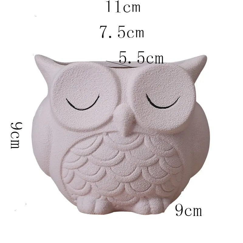 Handmade frosted ceramic owl flower pot for small succulents, 11 cm tall