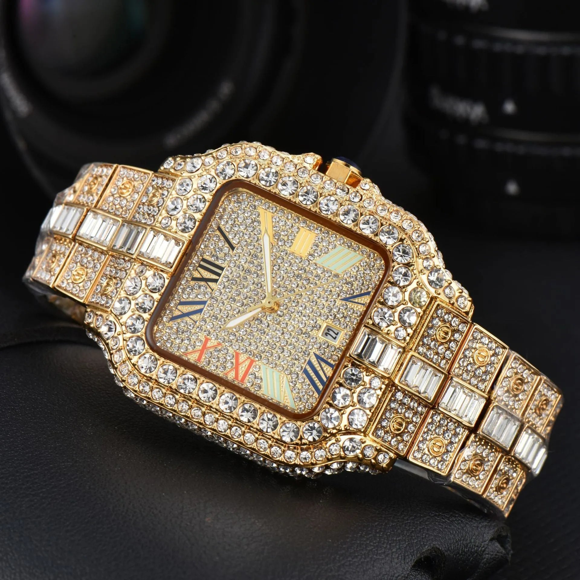 Men's square full diamond sport watch with 10mm thickness and multiple colour options