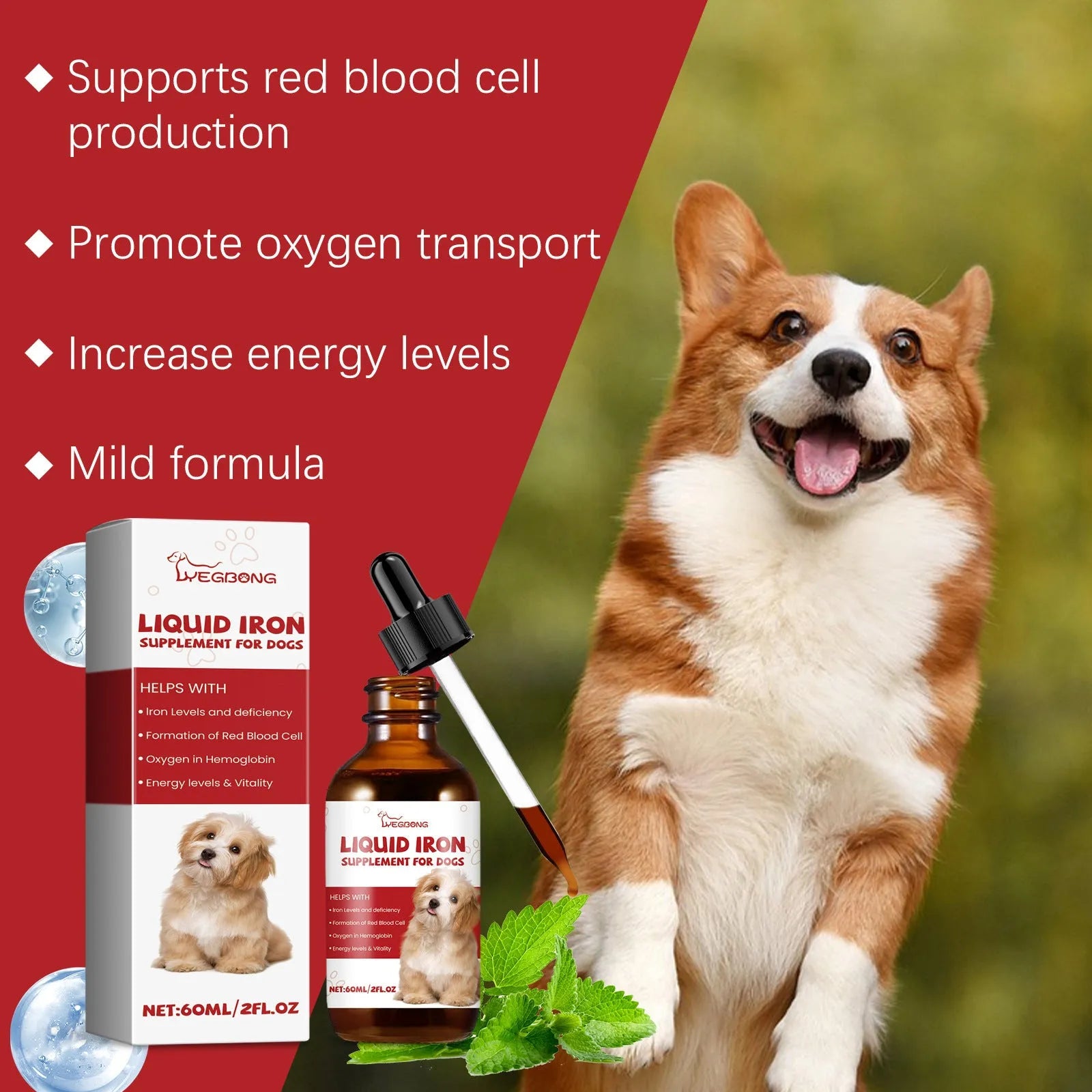 60ml bottle of pet dog syrup with mint extract for oral care and fresh breath