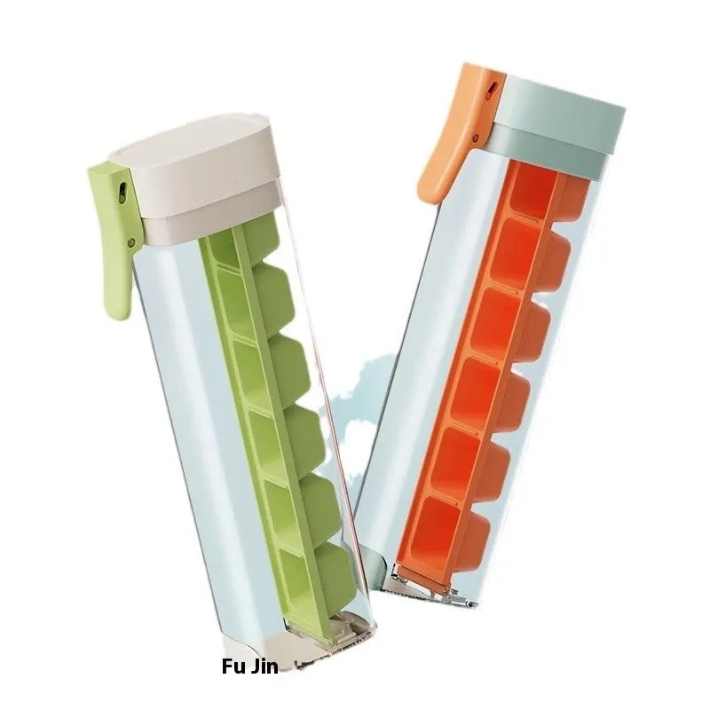 Food-grade plastic ice tray with press-release mechanism and storage box in Maldives blue colour.