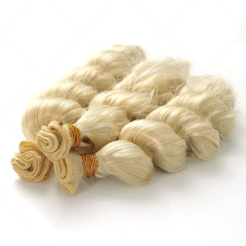 Golden synthetic women's wig on a stand showing 18-inch, 20-inch and 22-inch length options.