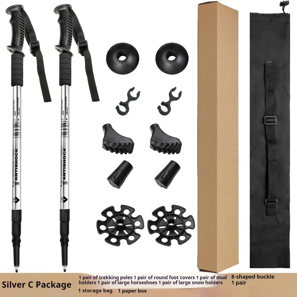 Aluminium alloy telescopic trekking poles with straight handles, adjustable from 65cm to 135cm, shown with mud supports and snow holders.
