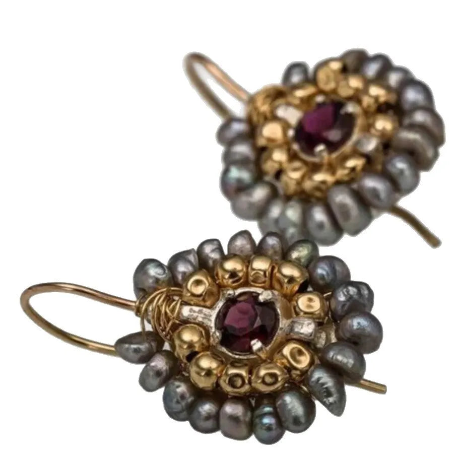 Geometric handmade woven earrings in gold copper with micro inlay petals retro style