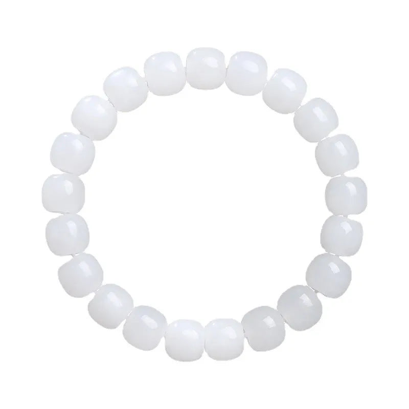 White Hetian jade barrel bead bracelet for men and women shown in three bead size options.