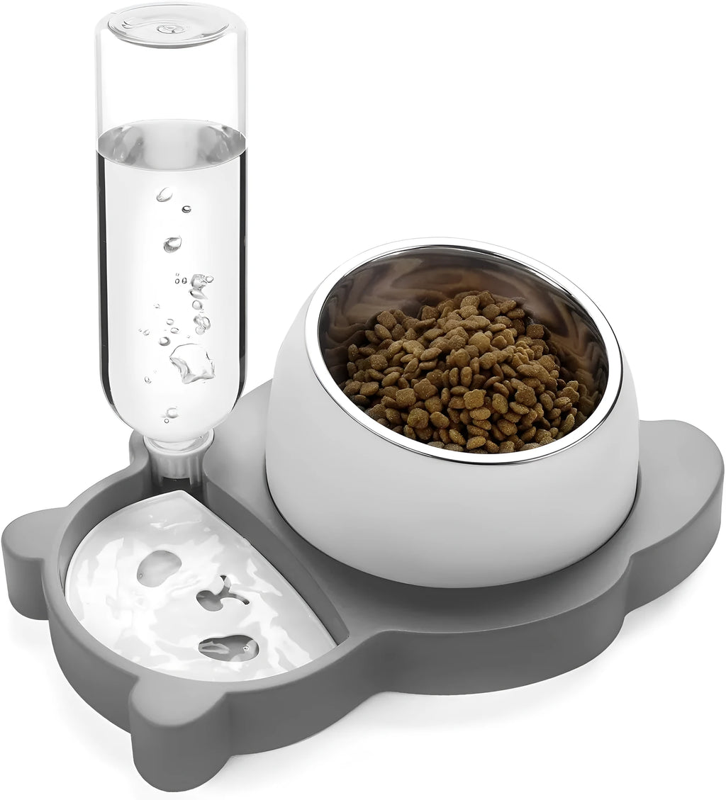 Grey elevated pet bowl set with automatic water bottle and panda design for cats and small dogs