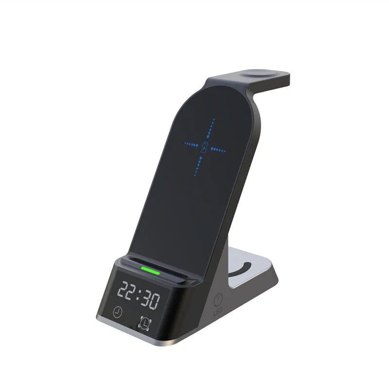 Black multifunctional alarm clock with wireless charging pad, Apple Watch dock, earbud charger and LED display