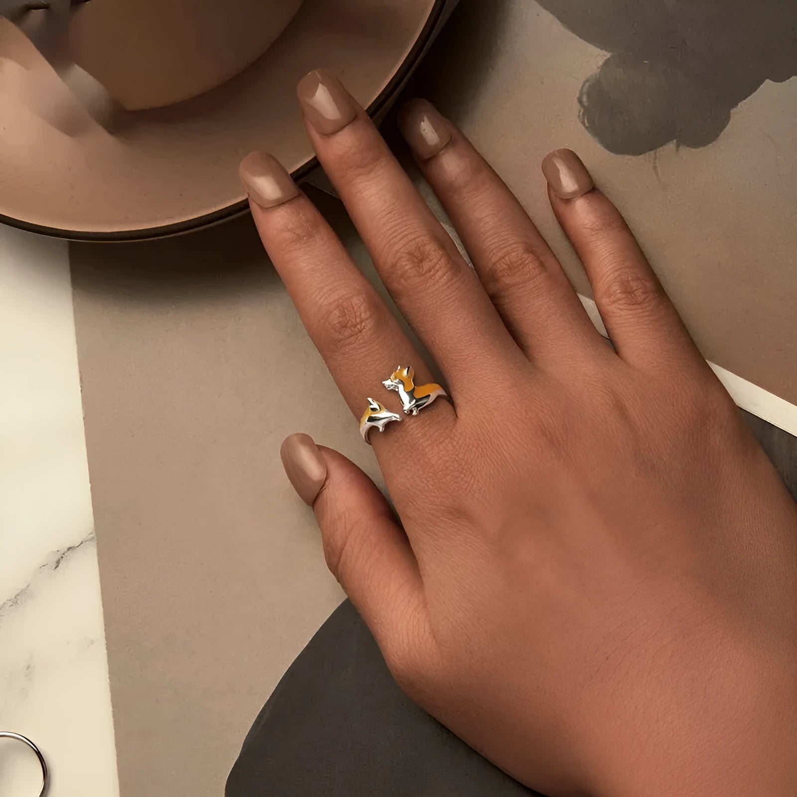 Silver electroplated adjustable ring with cartoon corgi dog design