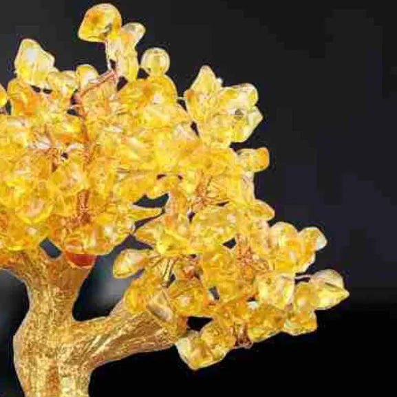 Citrine-coloured resin money tree Feng Shui ornament with a small water turtle design.