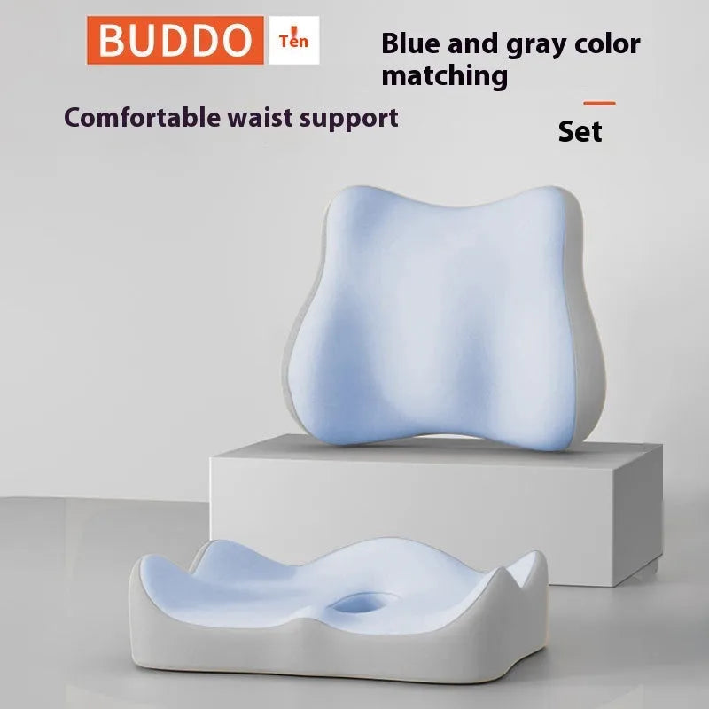 Memory foam seat cushion with waist support in various colour options including blue grey and double pink