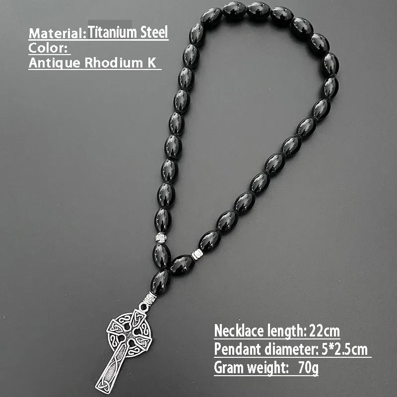 Cross beads metal car rearview mirror pendant with crown and Roman numerals in Ancient Gold finish