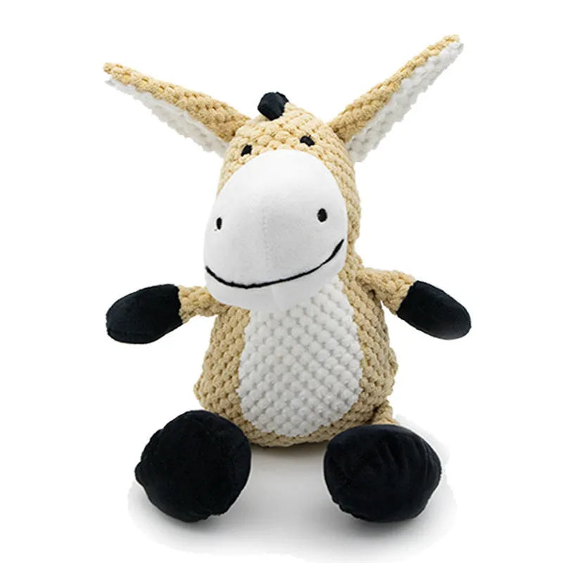 Four animal-shaped dog plush toys: donkey, elephant, orangutan and rabbit designs with squeakers