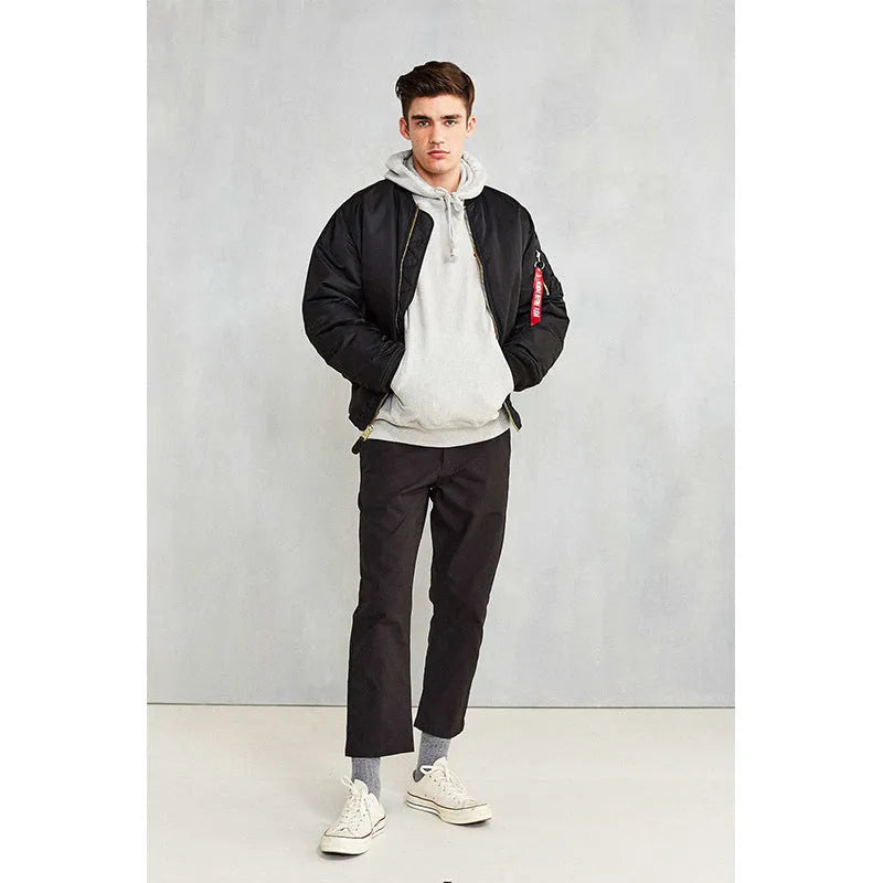 Men's loose fit cotton-padded pilot jacket in army green nylon fabric