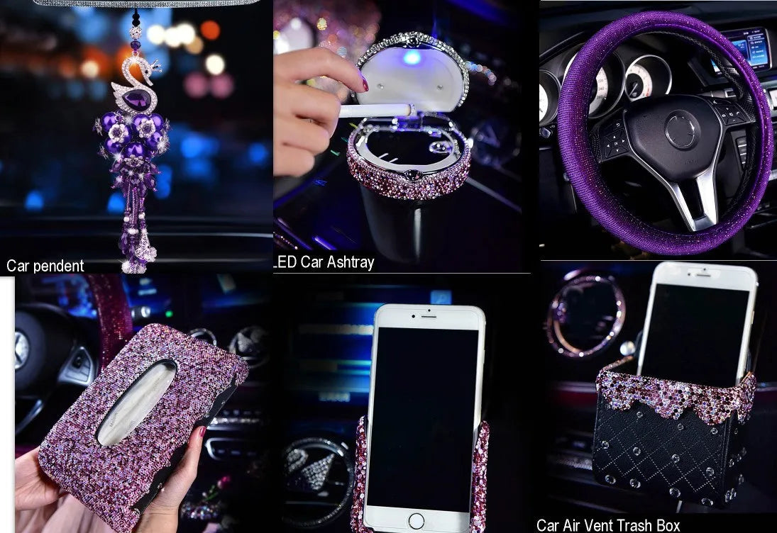 Round crystal diamond car aromatherapy pendant in purple swan style hanging from rearview mirror