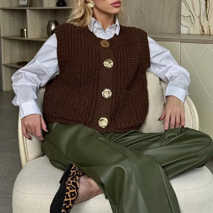 Women's button thick knitted short cardigan in apricot colour, front view, short length