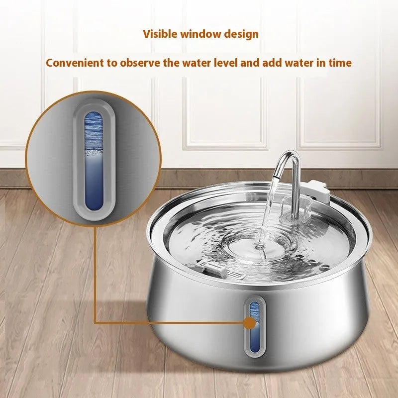 4L stainless steel pet water dispenser with window, double outlet and USB pump for dogs and cats