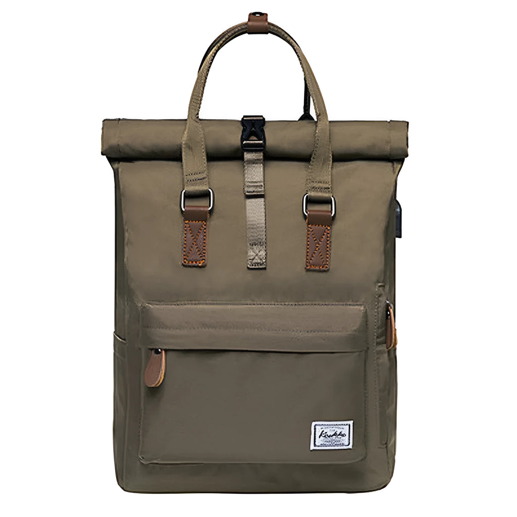 Casual polyester daypack in black showing cover opening and internal laptop pocket.
