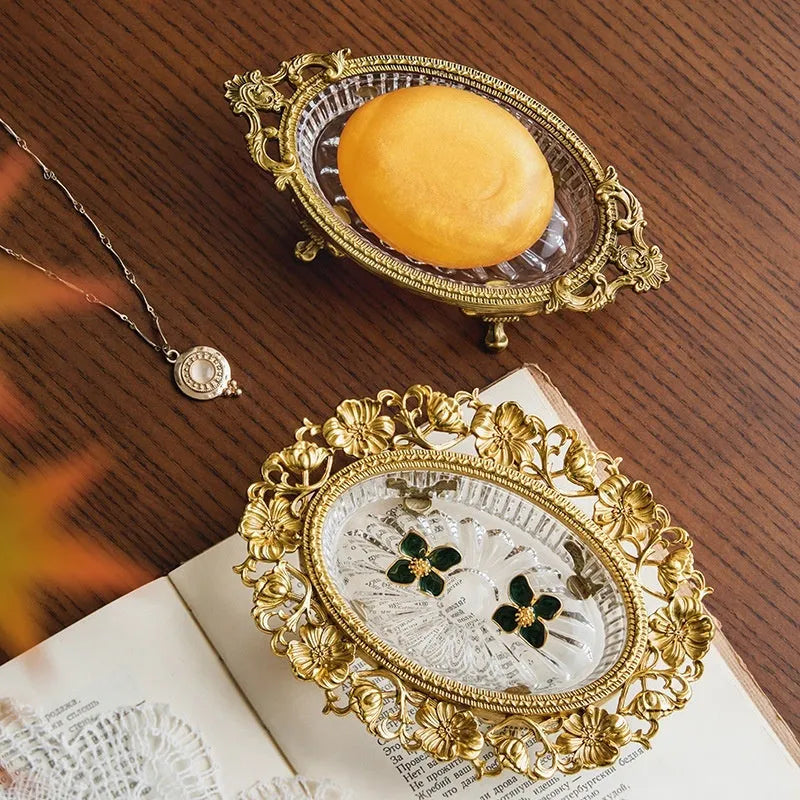 Carved crystal decorative tray, aluminium alloy jewellery storage dish, Versailles style, two colour options