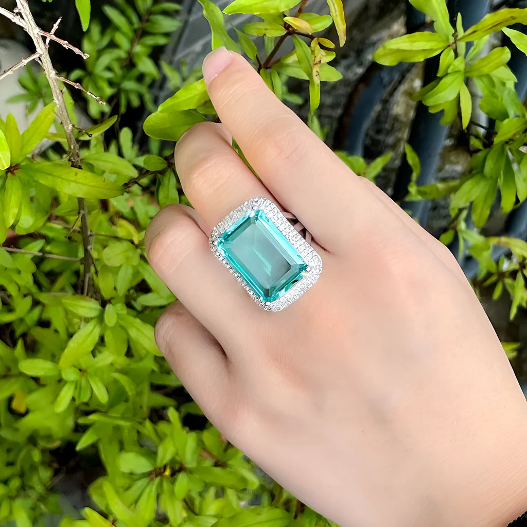 Rectangular geometric copper ring for women with zircon inlay, star motif, and electroplated finish