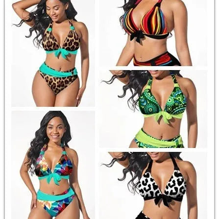 Women's colourful printed plus size bikini swimming suit on a hanger, showing one of five available pattern designs.