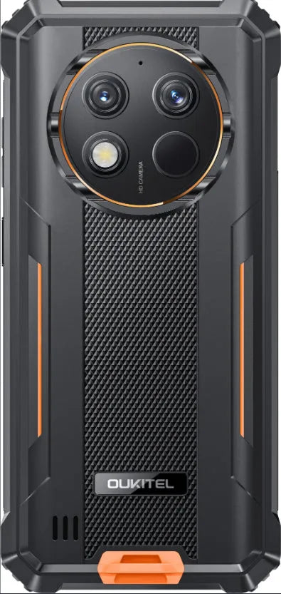 OUKITEL G1 mobile phone in green, grey, or orange colour with included charger and manual.