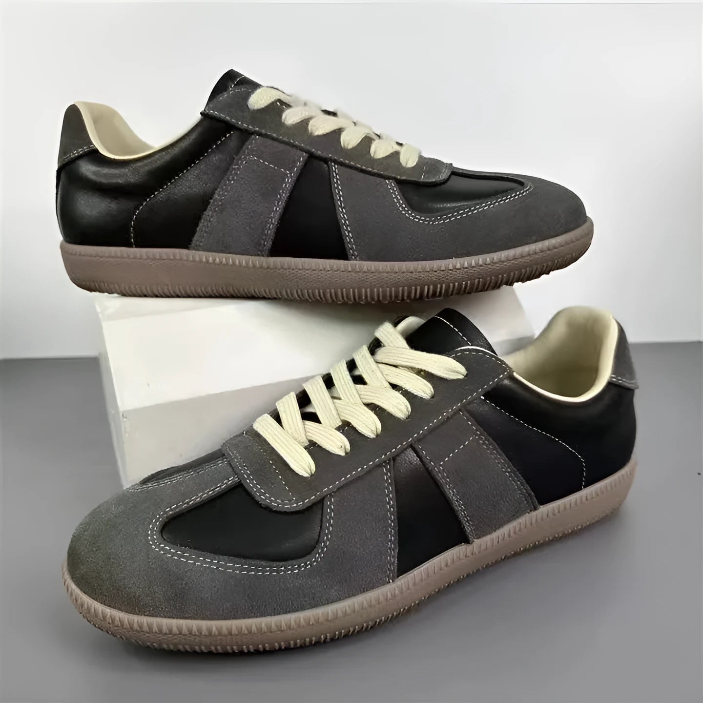Genuine leather low top round toe lace-up sneakers for men in white with rubber sole
