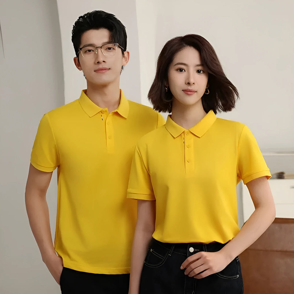 Solid colour ice silk catering work polo shirt on a hanger, shown in a light blue shade with short sleeves.