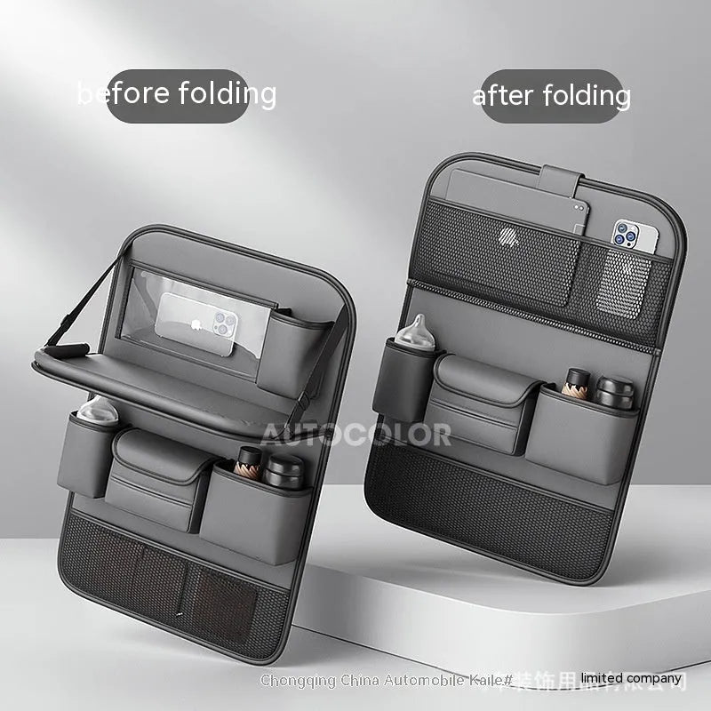 Leather car seat storage bag with foldable dining table in obsidian black colour