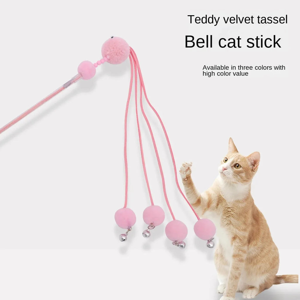 Colourful cat toy stick with a feather tassel on a foam handle in blue, pink, and purple options.