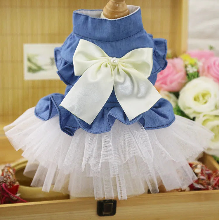 Korean-style denim pet skirt with a bow, shown in pink and white.