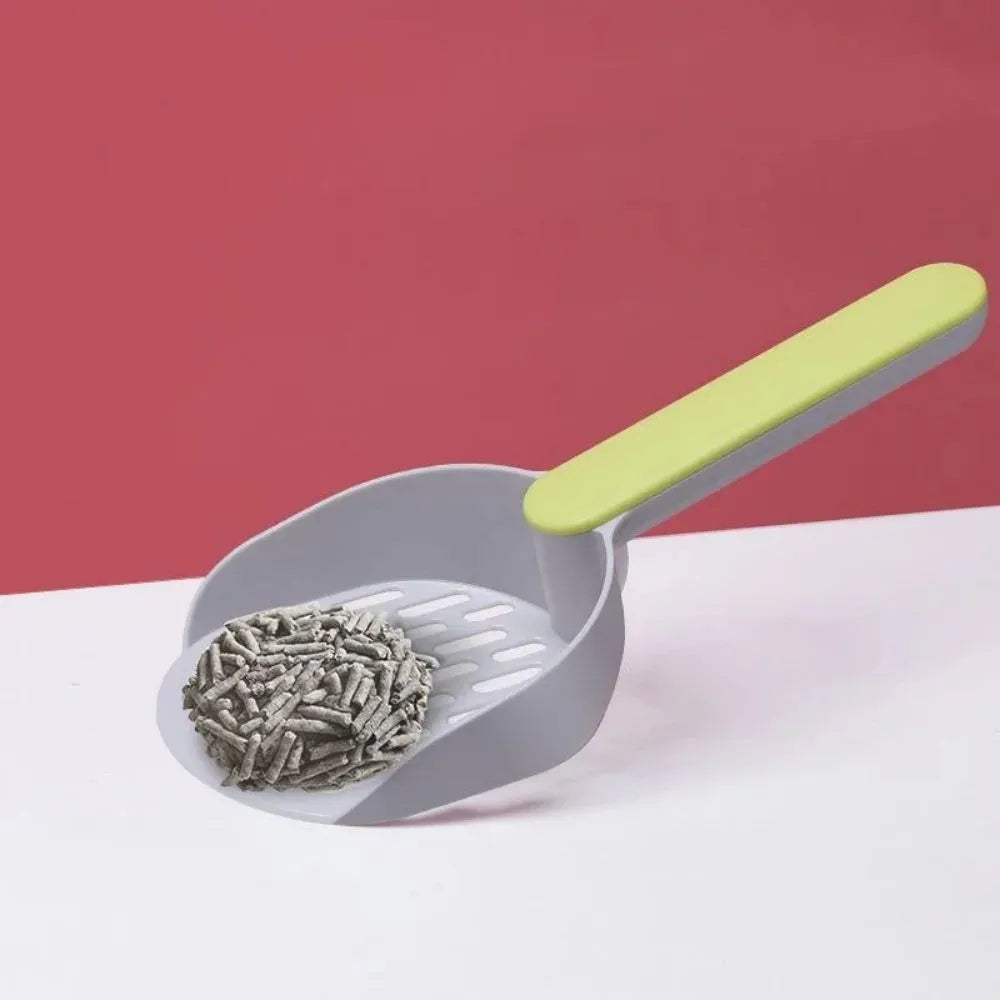 Blue plastic cat litter shovel for cleaning litter boxes, showing dimensions and scoop design.