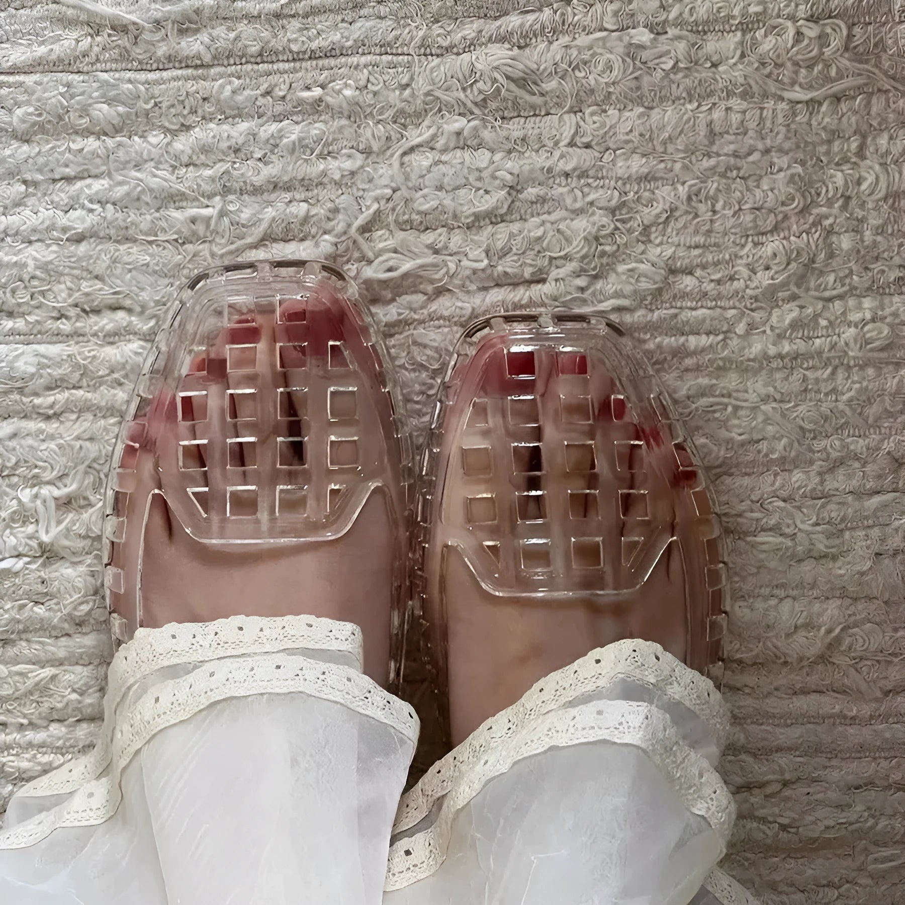 Square toe PVC outdoor slides in transparent, available in sizes 35 to 41.