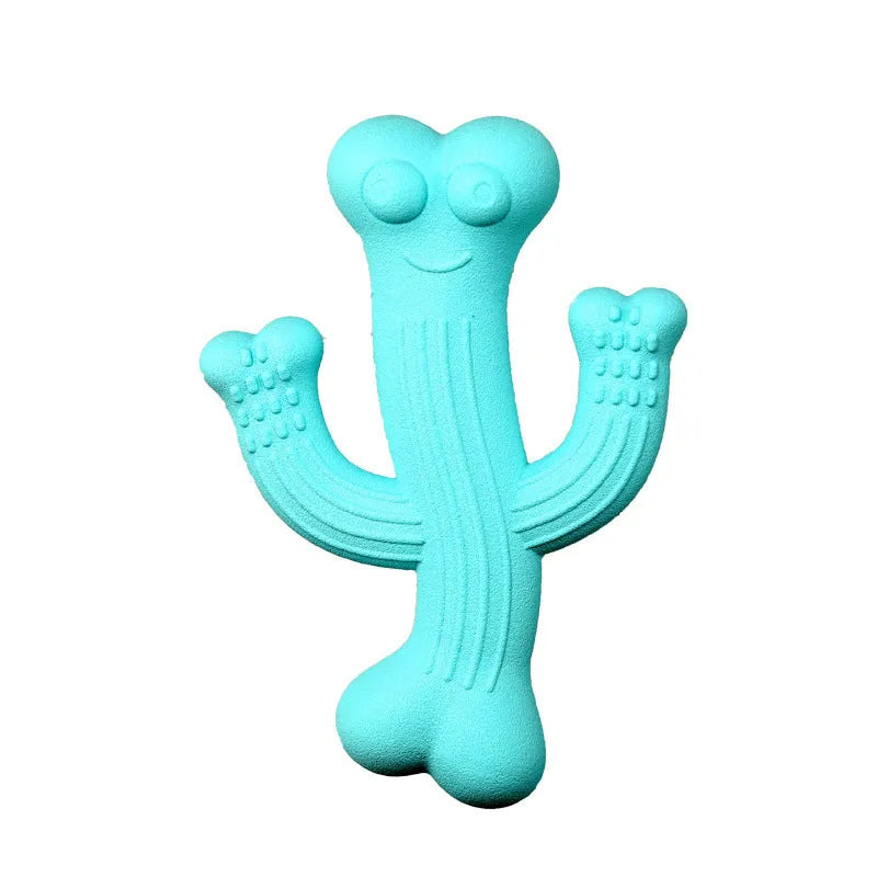 Beige, blue, and purple cactus-shaped dog chew toy made from bamboo fibre and rubber