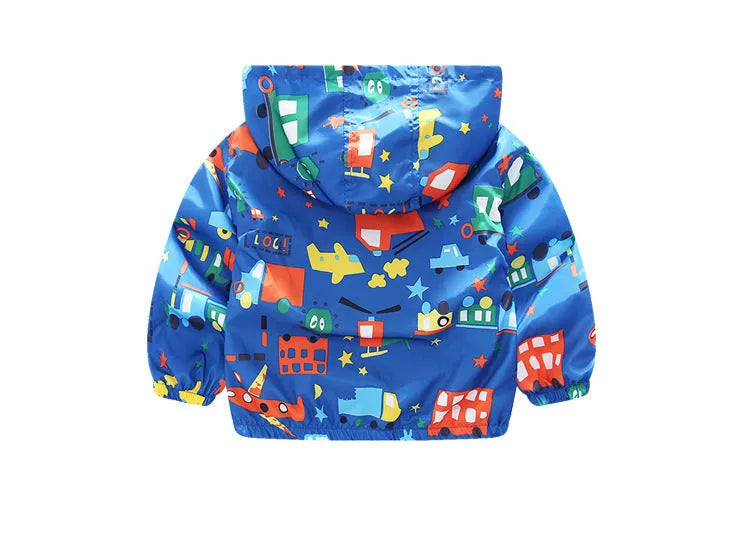 Children's airplane printed windbreaker jacket in blue or white with polyester outer fabric and cotton lining, sizes 90cm to 130cm