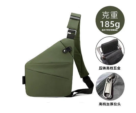 Canvas chest bag for men in black Oxford cloth with zipper closure, worn across the chest for anti-theft security