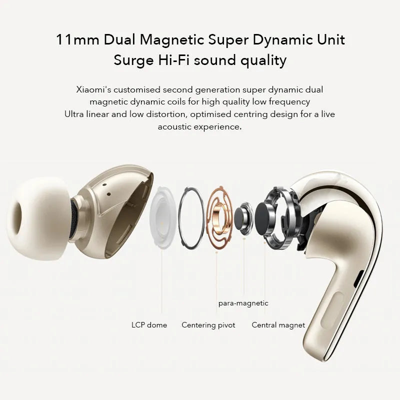 Black and gold true wireless Bluetooth earbuds with charging case, featuring active noise reduction technology.