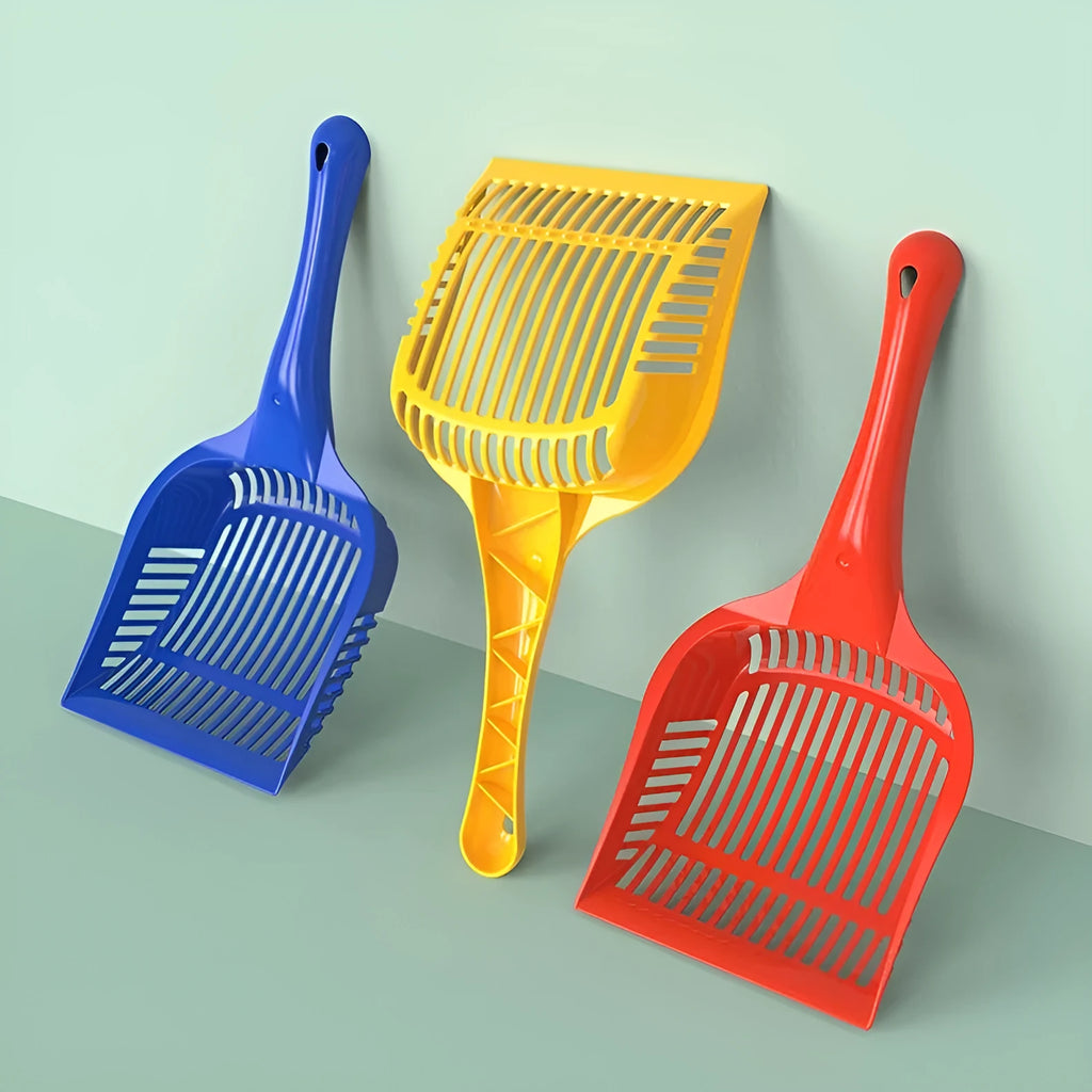 Red plastic cat litter scoop showing small and medium size options for pet toilet cleaning