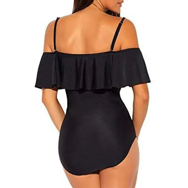 Black women's one-piece cut-out swimsuit with ruffled strap tube top