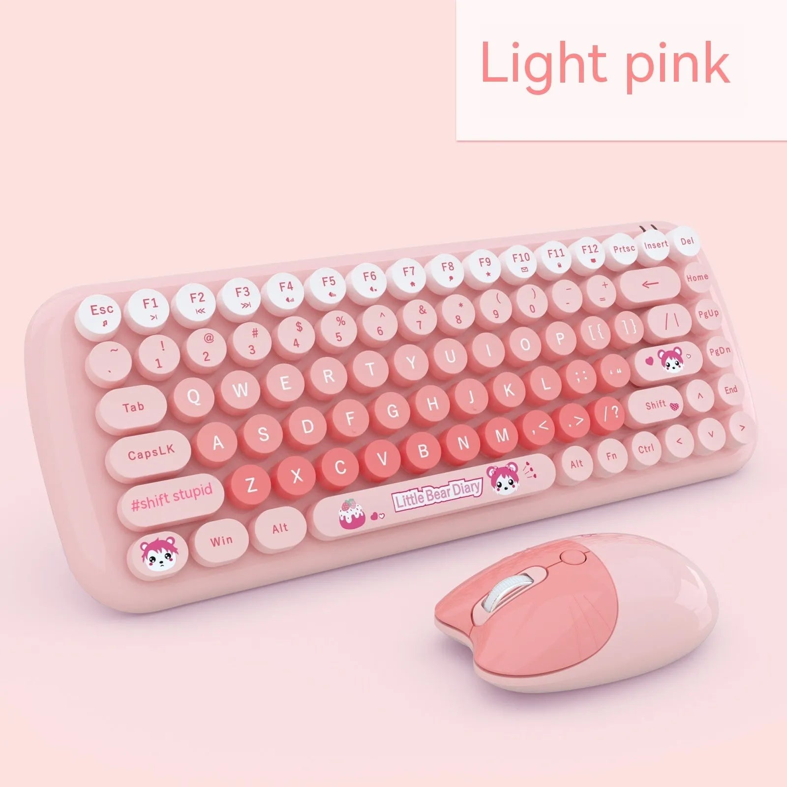 Pink cartoon wireless keyboard and mouse set with compact design for laptop and desktop use