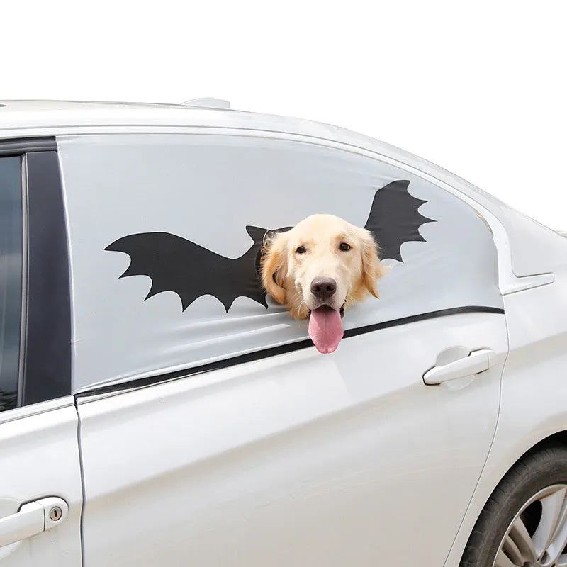 Grey polyester car window sun shade with head hole and bat pattern for pets